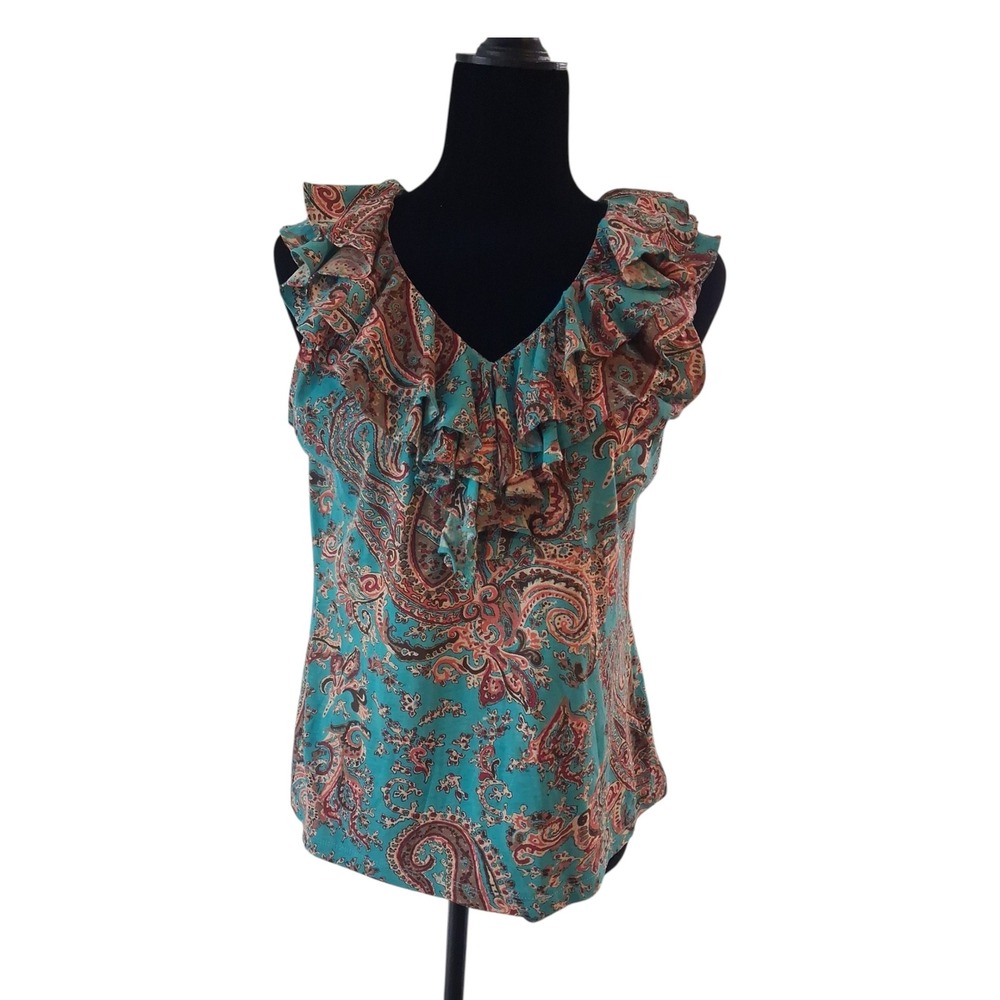 Ralph Lauren Paisley Ruffles Multi-color V-Neck Tank top Womens Size M